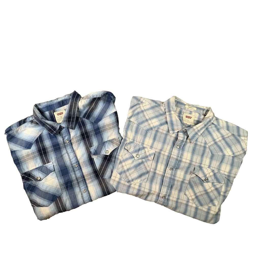 LOT OF 2 Men's 2XL (Fit XL) Levi's Blue SS Pearl Snap Western Shirts SEE DESCRIP